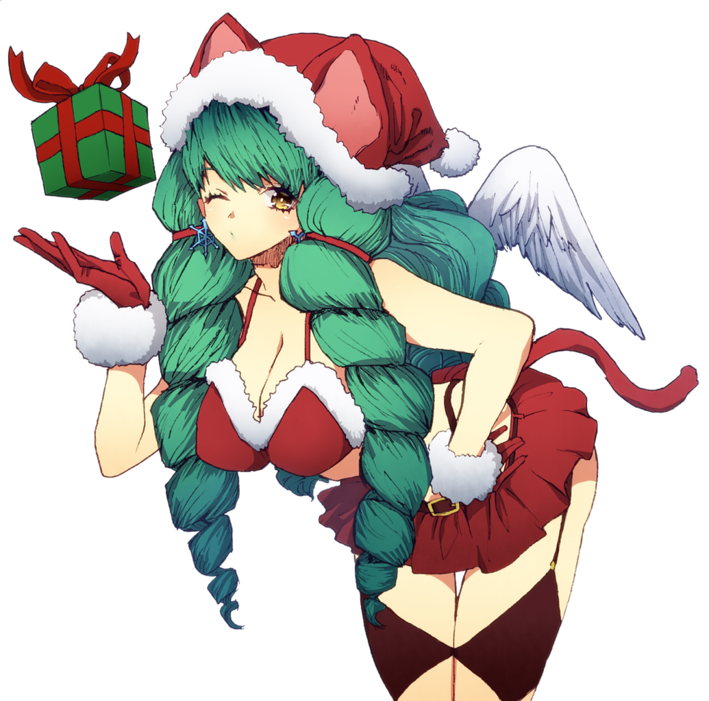 1girl animal_ears argyle_cutout ass breasts cat_ears cat_tail christmas cleavage commentary_request curly_hair drill_hair earrings fake_tail fiore_brunelli fur_trim gloves green_hair hair_ornament hat jewelry large_breasts long_hair looking_at_viewer miniskirt murata_tefu revealing_clothes simple_background skirt solo star_ocean star_ocean_integrity_and_faithlessness tail thong twintails very_long_hair white_background yellow_eyes
