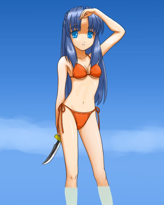 bikini blue_eyes blue_hair isozaki_bebebe knife long_hair suzumiya_haruhi_no_yuuutsu swimsuit wading