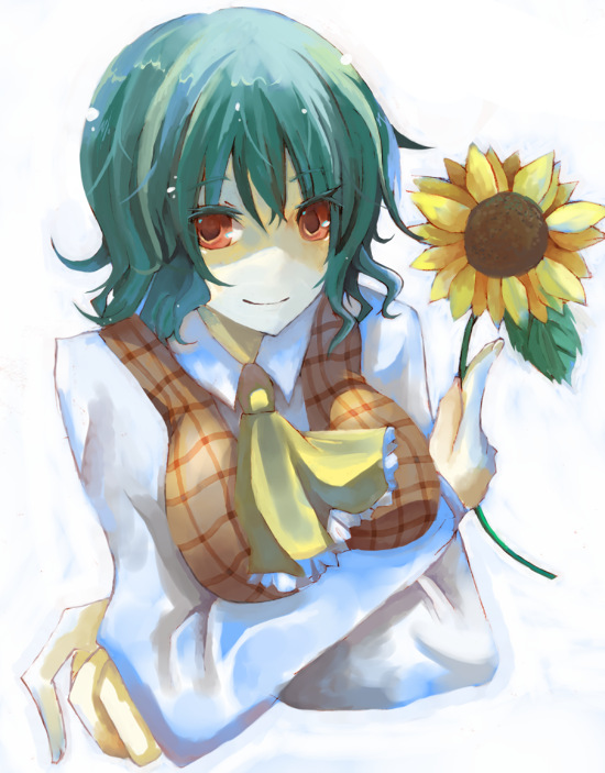 breast_hold breasts bust crossed_arms flower green_hair holding holding_flower kazami_yuuka plaid_vest red_eyes short_hair sunflower suzumura_tomo touhou white_background