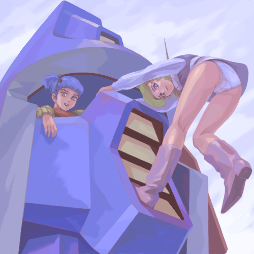 blue_eyes blue_hair boots elchi_cargo from_below green_hair hair_ornament hairclip hanging long_hair lowres mecha multiple_girls open_mouth panties pantyshot rag_urao sentou_mecha_xabungle short_hair side_ponytail smile underwear view_from_below walker_machine wristband xabungle_(mecha)