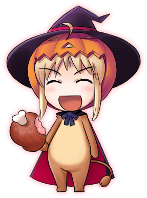 1girl animal_costume artoria_pendragon_(all) chibi fate/stay_night fate_(series) food halloween hat lion lion_costume lowres meat saber saber_lion solo sugar_(artist) witch_hat