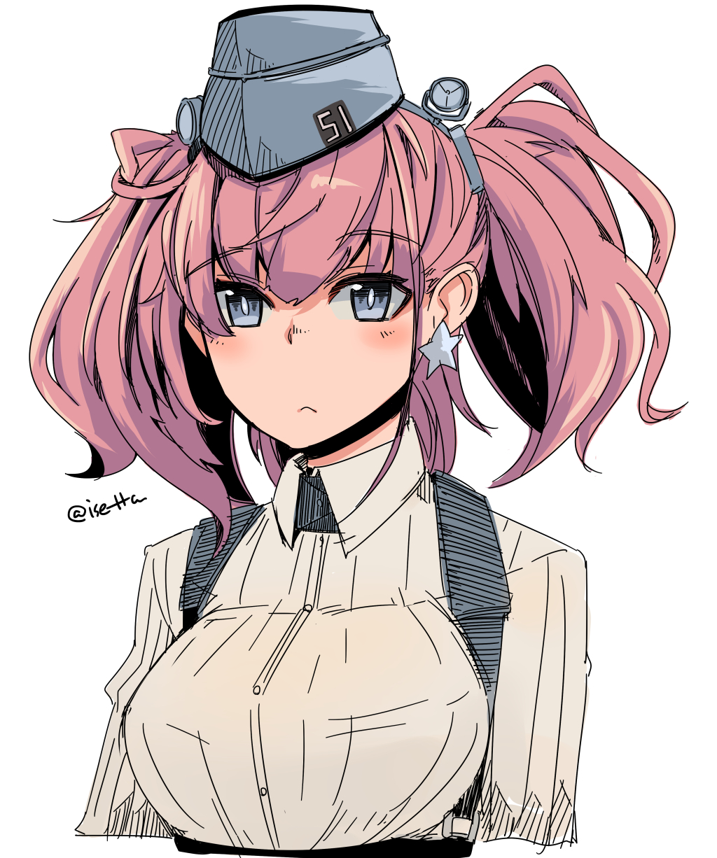 1girl atlanta_(kantai_collection) bangs black_headwear blush bra_through_clothes breasts brown_hair buttons closed_mouth collared_shirt commentary cropped_torso earrings eyebrows_visible_through_hair garrison_cap grey_eyes hair_between_eyes hat headgear highres isetta jewelry kantai_collection large_breasts long_hair military military_hat shirt simple_background solo star star_earrings suspenders twitter_username two_side_up white_background white_shirt