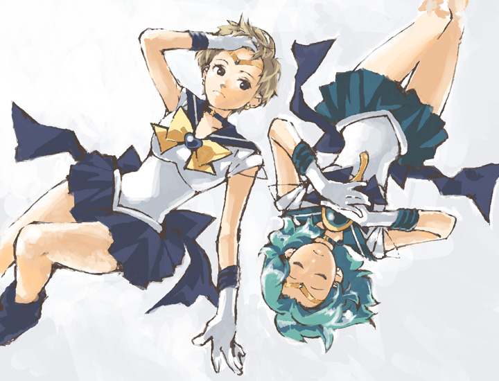 bishoujo_senshi_sailor_moon black_eyes blonde_hair choker closed_eyes gloves green_hair kaiou_michiru magical_girl mirror multiple_girls outer_senshi rc sailor_neptune sailor_senshi sailor_uranus short_hair ten'ou_haruka tiara