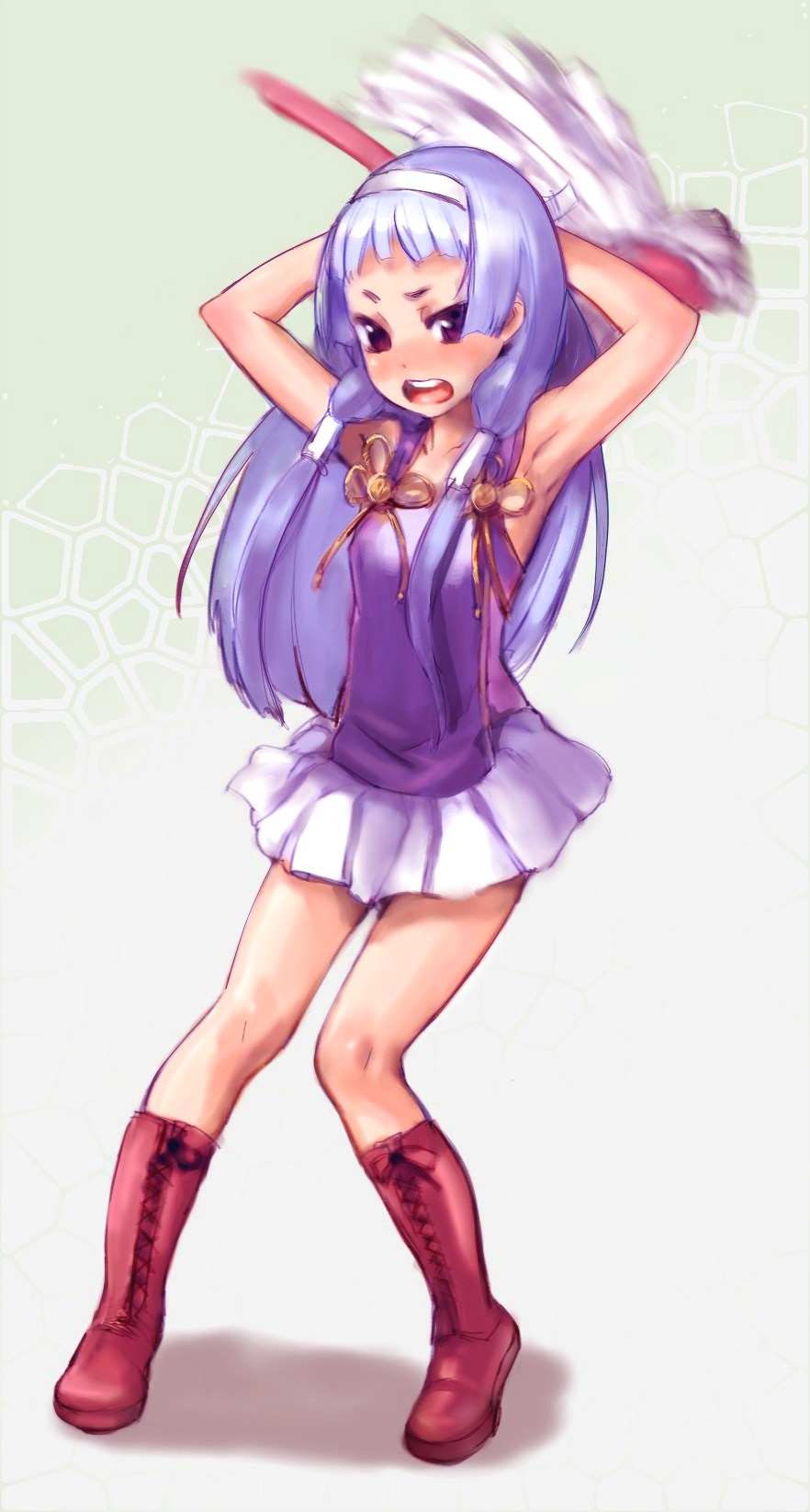 bangs blue_hair blunt_bangs boots bow_(artist) bow_(bhp) hair_tubes highres kannagi legs long_hair motion_blur nagi purple_eyes skirt violet_eyes wand