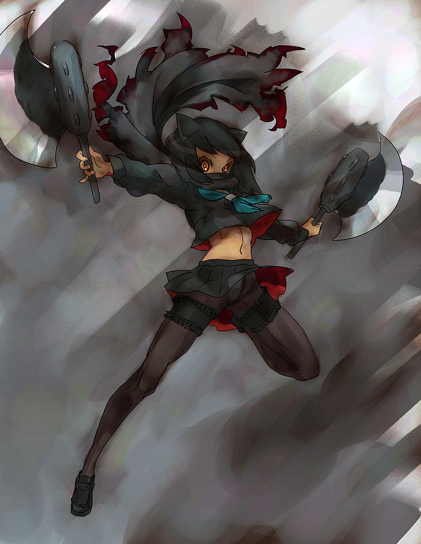 black_getter black_hair dual_wield dual_wielding fgz frills garters getter_robo jump jumping leg_band mecha midriff navel pantyhose personification red_eyes ringed_eyes scarf school_uniform serafuku shoes skirt weapon