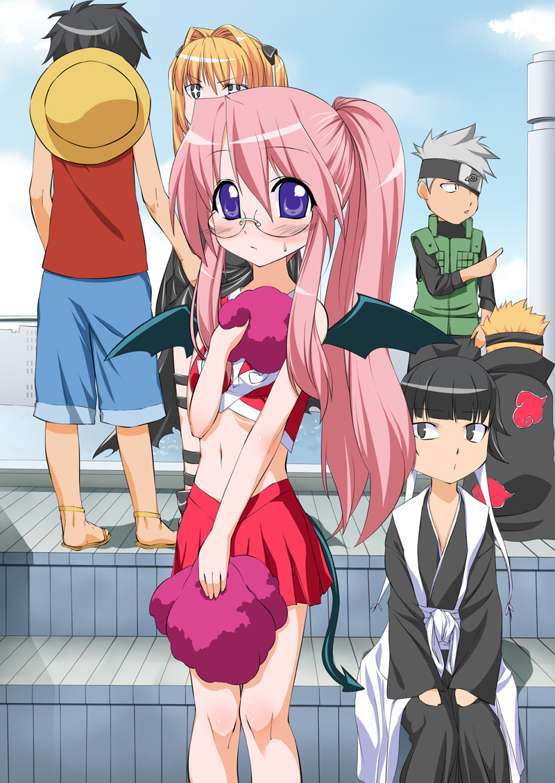 amane_misa blush cheerleader crossover death_note eyeshield_21 glasses golden_darkness hatake_kakashi kadou konjiki_no_yami long_hair lucky_star midriff monkey_d_luffy naruto one_piece pain_(naruto) pein pink_hair pom_poms purple_eyes shounen_jump soifon sui-feng tail takara_miyuki to_love-ru toloveru twintails violet_eyes wings