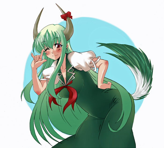 \m/ ex-keine ex_keine exkeine green_hair horns kamishirasawa_keine long_hair ooike_teru red_eyes ribbon tail touhou