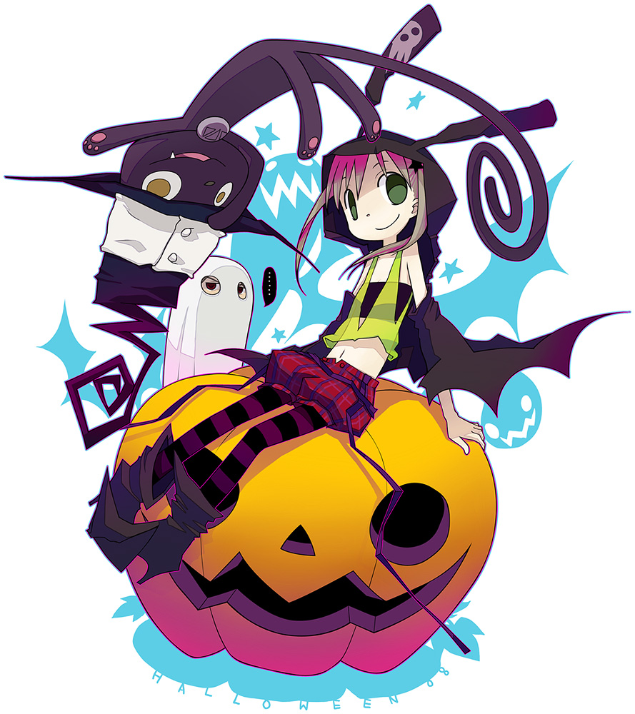 blair blonde_hair cat fang ghost green_eyes halloween maka_albarn maka_arubaan midriff navel pumpkin red_eyes shorts smile soul_eater suzuon thigh-highs thighhighs