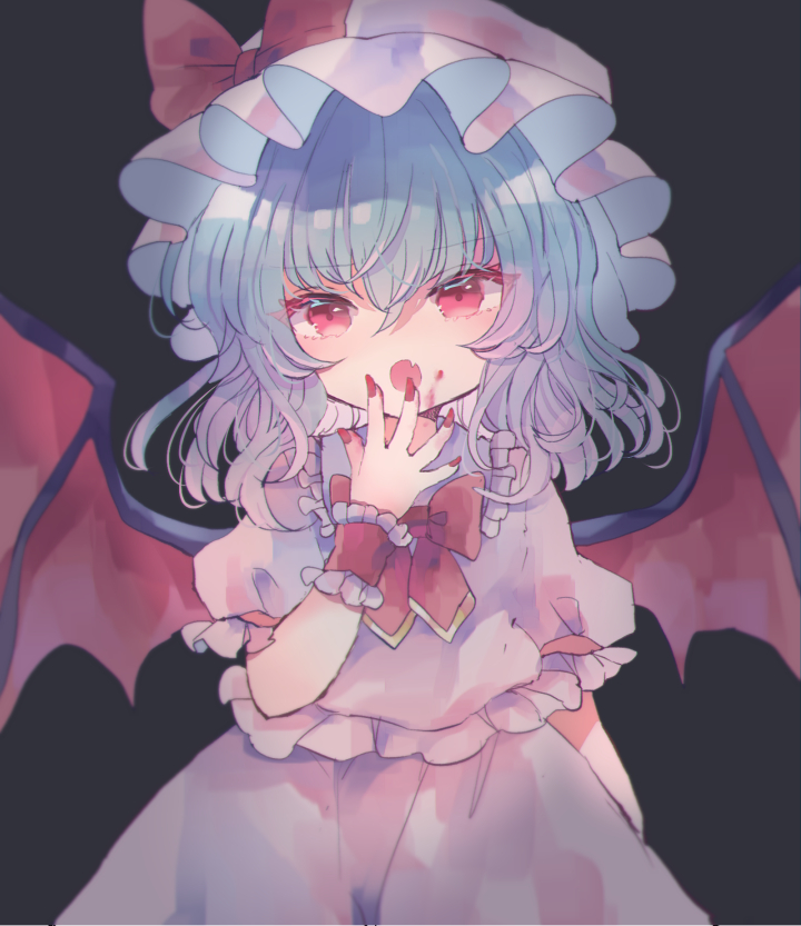 1girl bat_wings black_background blood blood_on_face blue_hair bow fang fingernails hand_up hat hat_bow hiyuu_(hiyualice) long_fingernails looking_at_viewer medium_hair mob_cap open_mouth pink_headwear pink_shirt pink_skirt red_bow red_eyes red_nails red_neckwear remilia_scarlet shirt short_sleeves simple_background skirt solo touhou wings wrist_cuffs