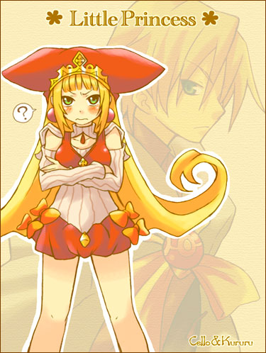 1girl ? angry animal_hat bangs blonde_hair blunt_bangs blush bow bust cello_(marl_kingdom) character_name coat couple cross crossed_arms crown detached_sleeves earrings embarrassed flipped_hair frown green_eyes hair_between_eyes hat jewelry kururu_(marl_kingdom) long_hair looking_at_viewer lowres male marl_kingdom nippon_ichi payot pendant profile ribbon short_hair speech_bubble standing striped sunny_spot title_drop tsuyuka_(sunny_spot) turtleneck twintails very_long_hair