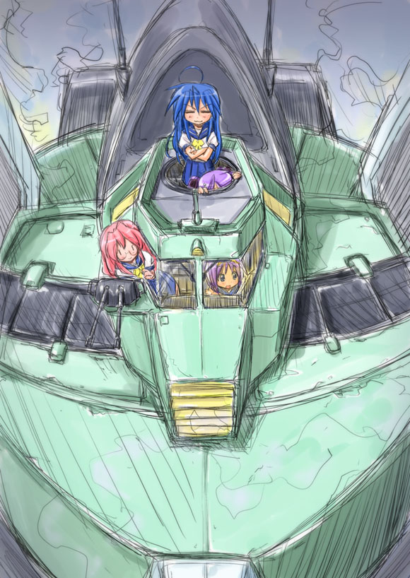 ahoge blue_eyes blue_hair blush closed_eyes crossed_arms crossover gun hiiragi_kagami hiiragi_tsukasa izumi_konata long_hair lucky_star mecha multiple_girls open_mouth pink_hair purple_hair ribbon ribbons school_uniform sentou_mecha_xabungle serafuku short_hair smile sweatdrop takara_miyuki walker_gallia walker_machine weapon