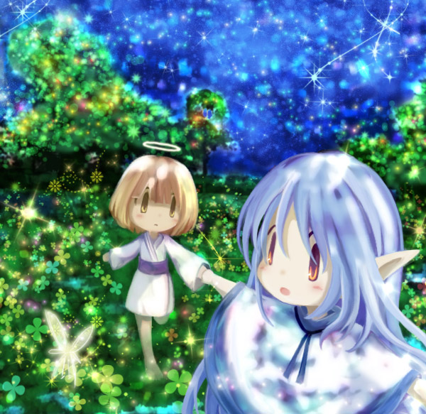 blue_hair butterflies butterfly hakobune halo nature night pointy_ears star stars