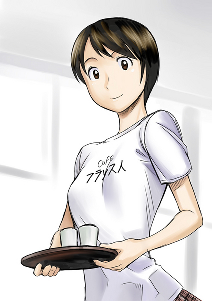 anzo_tei black_eyes black_hair cup shimau short_hair t-shirt translated tray yotsubato!