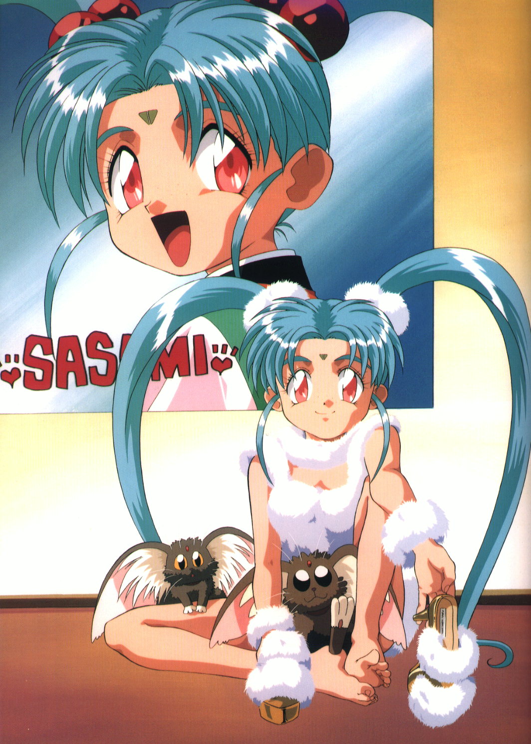 blue_hair facial_mark forehead_mark freckles highres long_hair masaki_sasami_jurai red_eyes ryo-ohki ryou-ouki tenchi_muyo tenchi_muyou! twintails