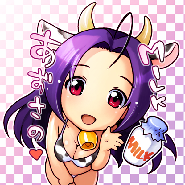 cow_costume cow_girl cow_print idolmaster long_hair milk milk_bottle miura_azusa nekomata_naomi purple_hair