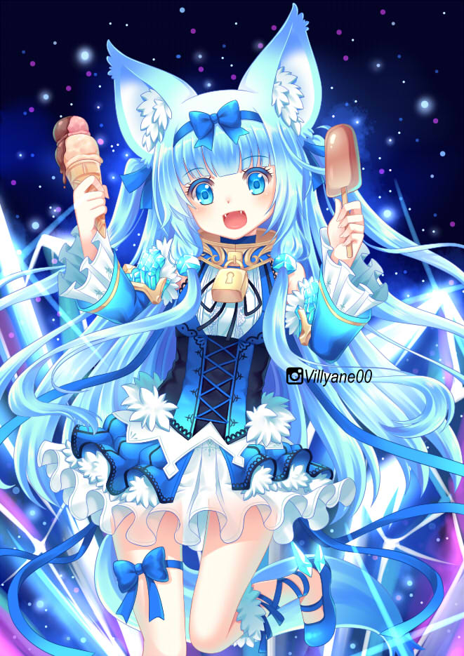 1girl :d animal_ears aura_kingdom ayako_(aura_kingdom) bangs blue_bow blue_eyes blue_footwear blue_hair blue_hairband blue_ribbon blue_shirt blue_skirt blunt_bangs blush bow breasts commentary detached_sleeves double_scoop eyebrows_visible_through_hair fangs food hair_bow hair_ribbon hairband holding holding_food ice_cream ice_cream_cone instagram_username lock long_hair long_sleeves open_mouth padlock pleated_skirt ribbon shirt shoes skirt sleeveless sleeveless_shirt small_breasts smile solo standing standing_on_one_leg tail two_side_up very_long_hair villyane wide_sleeves wolf_ears wolf_girl wolf_tail