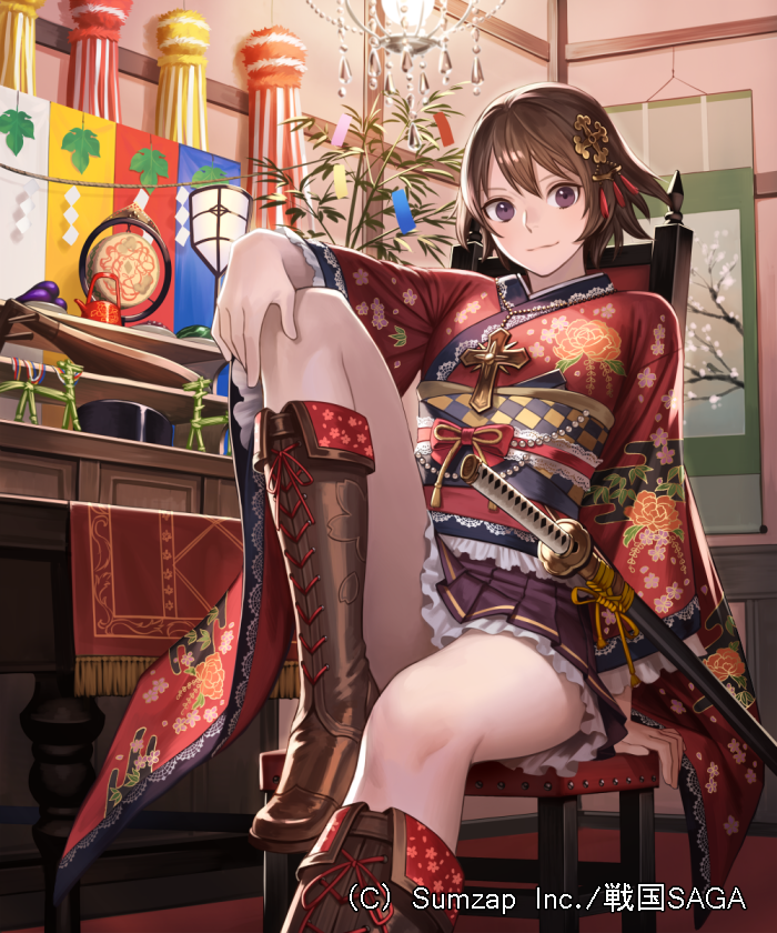 1girl black_skirt boots brown_eyes brown_footwear brown_hair chair esukee floral_print hair_ornament hanging_scroll indoors japanese_clothes kimono knee_boots knee_up leaf light looking_at_viewer official_art rug scroll sengoku_saga sheath sheathed shide short_hair sitting skirt smile solo sword table tagme tanzaku watermark weapon wide_sleeves