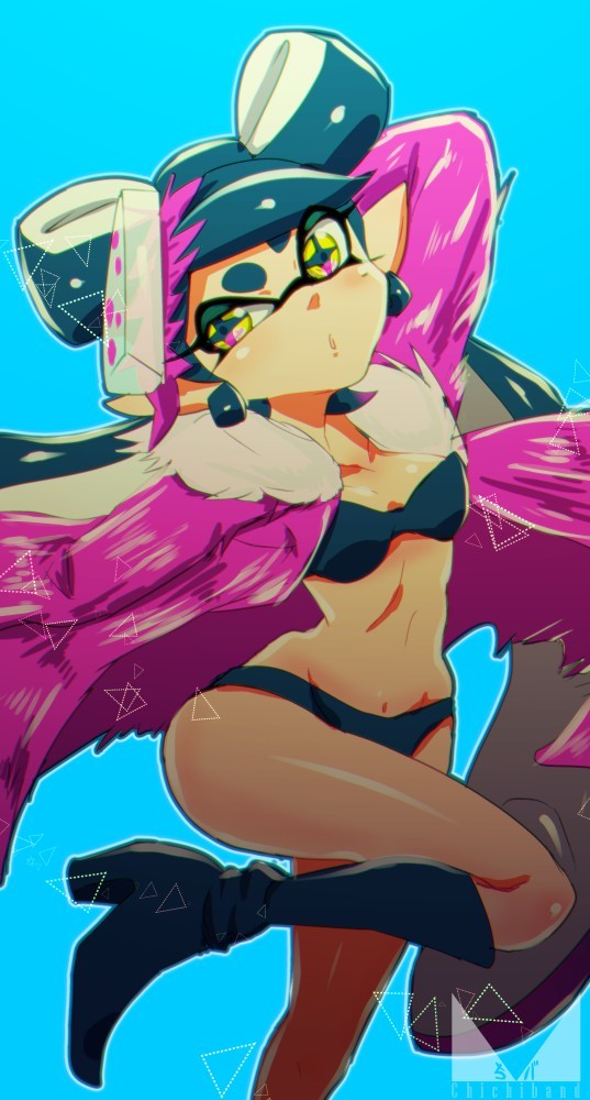 +_+ 1girl :o aori_(splatoon) arm_behind_head bikini black_bikini black_footwear black_hair blue_footwear boots breasts chichi_band coat commentary_request domino_mask earrings food food_on_head head_tilt high_heel_boots high_heels jewelry leg_up long_hair long_sleeves looking_at_viewer mask medium_breasts mole mole_under_eye nintendo object_on_head open_clothes open_coat parted_lips pose purple_coat solo splatoon splatoon_2 standing standing_on_one_leg sushi swimsuit triangular_headpiece watermark yellow_eyes