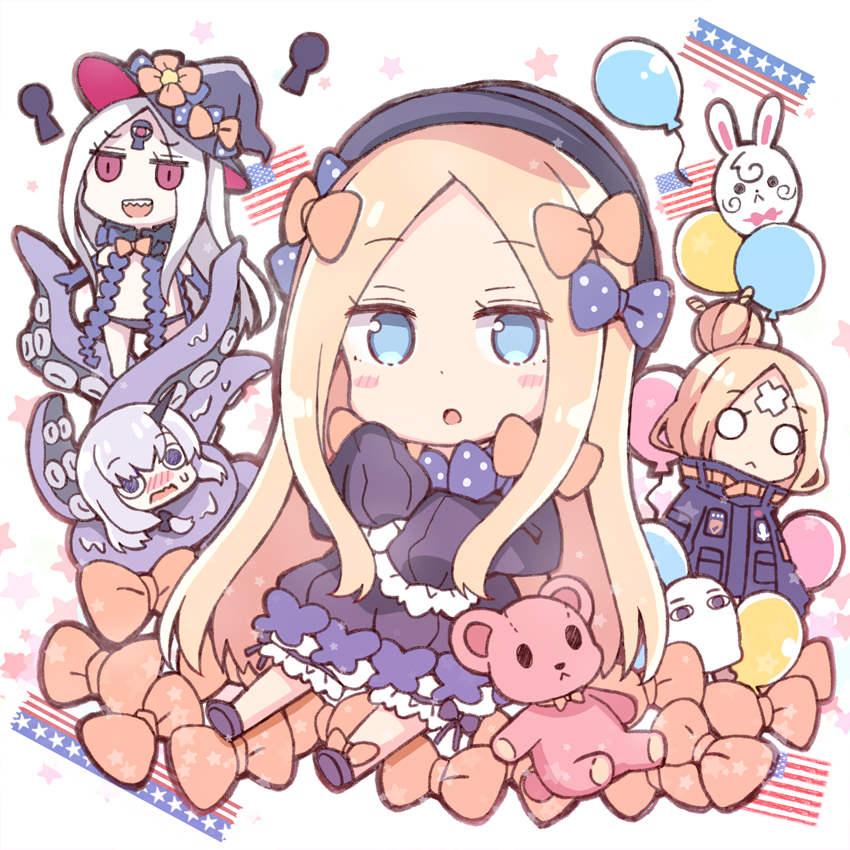 4girls :&lt; :d :o abigail_williams_(fate/grand_order) american_flag balloon bangs barefoot black_bow black_dress black_footwear black_hat black_jacket black_panties blonde_hair bloomers blue_eyes blush blush_stickers bow bug butterfly chibi closed_mouth commentary_request dress elbow_gloves eyebrows_visible_through_hair fate/grand_order fate_(series) forehead fou_(fate/grand_order) gloves hair_between_eyes hair_bow hair_bun hat heroic_spirit_traveling_outfit insect jacket keyhole lavinia_whateley_(fate/grand_order) long_hair long_sleeves medjed multiple_girls multiple_persona nose_blush o_o open_mouth orange_bow pale_skin panties parted_bangs parted_lips polka_dot polka_dot_bow purple_gloves red_eyes rioshi sharp_teeth shoes silver_hair sitting sleeves_past_fingers sleeves_past_wrists smile standing star stuffed_animal stuffed_toy suction_cups sweat teddy_bear teeth tentacle underwear very_long_hair violet_eyes wavy_mouth white_background white_bloomers witch_hat