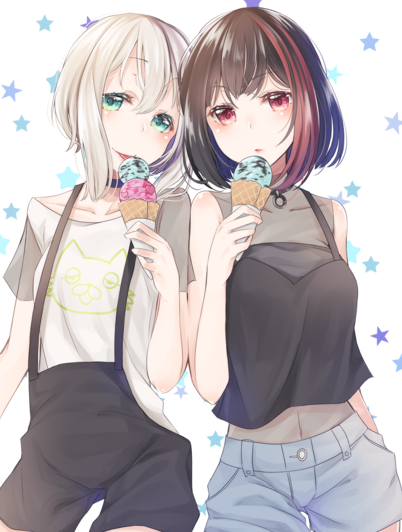 2girls aoba_moka bang_dream! black_hair blue_eyes bob_cut food grey_hair ice_cream looking_at_viewer mitake_ran multicolored_hair multiple_girls nekotemari open_mouth red_eyes redhead short_hair yuri