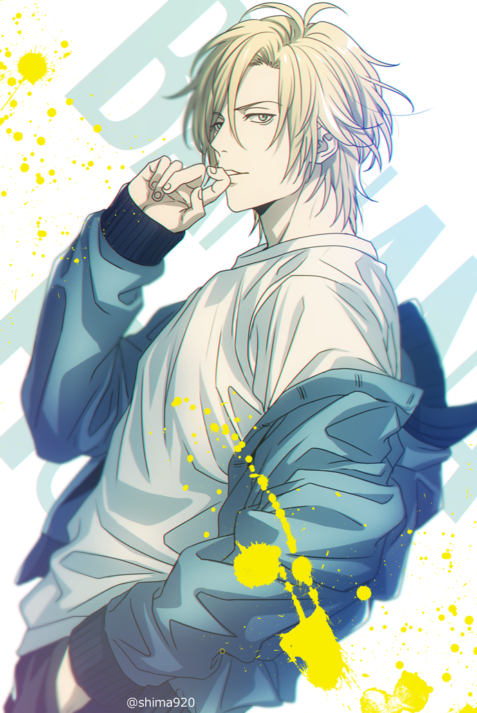 1boy ash_lynx banana_fish blonde_hair green_eyes hood hoodie mashima_shima official_art shirt short_hair solo upper_body white_shirt