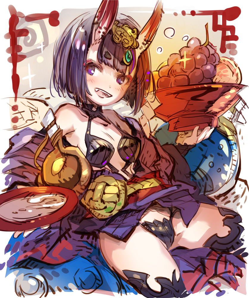 1girl :d alcohol bangs bare_shoulders black_legwear blush bob_cut breasts collarbone commentary_request cup eyebrows_visible_through_hair fang fate/grand_order fate_(series) food fruit grapes haku_(sabosoda) head_tilt headpiece holding horns japanese_clothes kimono obi off_shoulder oni oni_horns open_mouth purple_hair purple_kimono revealing_clothes sakazuki sake sash short_eyebrows short_hair shuten_douji_(fate/grand_order) small_breasts smile solo thick_eyebrows thigh-highs violet_eyes