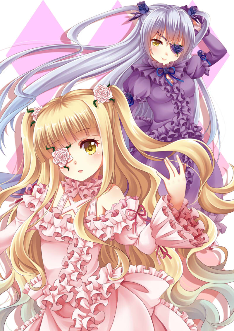 2girls arm_up bangs barasuishou bare_shoulders blonde_hair blue_ribbon blunt_bangs blush brown_eyes closed_mouth collar commentary cowboy_shot dress english_commentary eyebrows_visible_through_hair eyepatch flower flower_eyepatch frilled_collar frilled_dress frills hair_between_eyes hair_flower hair_ornament hand_behind_head kirakishou lavender_hair long_hair long_sleeves looking_at_viewer multiple_girls off-shoulder_dress off_shoulder parted_lips pink_dress pink_flower pink_rose puffy_long_sleeves puffy_short_sleeves puffy_sleeves purple_dress purple_flower purple_rose red_ribbon ribbon rose rozen_maiden short_over_long_sleeves short_sleeves sidelocks silver_hair simple_background thorns tulip twintails two_side_up very_long_hair villyane white_background yellow_eyes