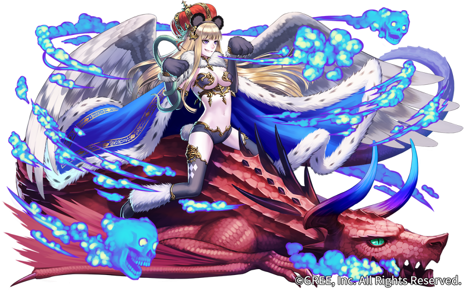 1girl bangs black_legwear blonde_hair blue_robe blunt_bangs breasts cleavage crown dragon esukee fur horns long_hair magic medium_breasts navel official_art pale_skin paw_pose paws royal_robe seisen_cerberus sitting skull smirk snake solo thigh-highs very_long_hair white_wings wings