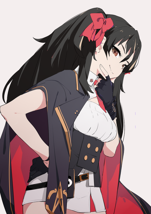 1girl bangs belt black_gloves black_hair breasts brown_eyes brown_hair cape corset double-breasted eyebrows_visible_through_hair fingerless_gloves girls_frontline gloves hair_between_eyes hair_ribbon hand_on_hip hand_on_own_chin long_hair looking_at_viewer necktie pink_background pleated_skirt qbz-97_(girls_frontline) red_ribbon ribbon shirt simple_background skirt sleeveless sleeveless_shirt smile sohin solo thigh-highs twintails underbust very_long_hair white_legwear white_shirt white_skirt