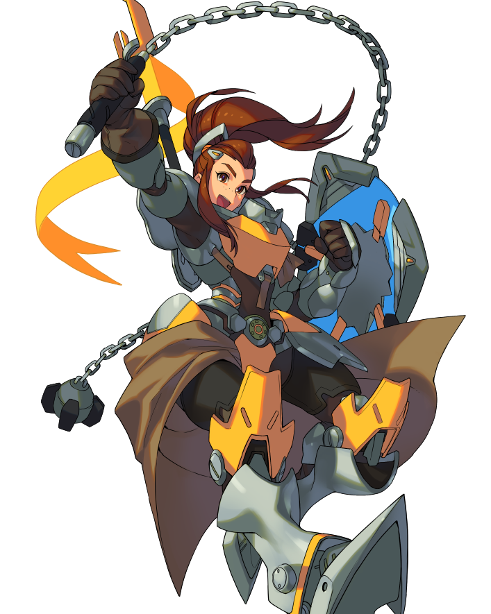 1girl :d armor ball_and_chain boots breastplate brown_eyes brown_gloves brown_hair character_request clenched_hand floating_hair freckles gauntlets gloves holding holding_shield holding_weapon kotatsu_(g-rough) looking_at_viewer open_mouth overwatch ponytail shield simple_background smile solo waist_cape weapon white_background