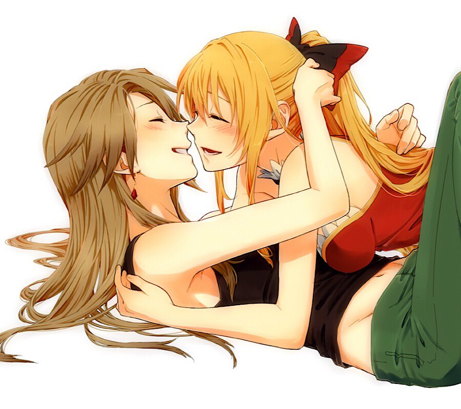 2girls alternate_costume bangs bare_shoulders black_tank_top blonde_hair blush bow brown_hair casual closed_eyes face-to-face facing_another granblue_fantasy grin hair_bow katalina_aryze long_hair lying midriff miso-ha_(ukyuu) multiple_girls navel on_back open_mouth smile tank_top vira_lilie white_background yuri