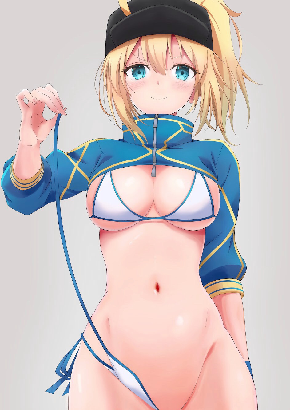 1girl ahoge arm_up baseball_cap bikini blonde_hair blue_eyes blush breasts commentary_request cowboy_shot fate/grand_order fate_(series) groin hair_through_headwear hat highres karaage_bou looking_at_viewer medium_breasts mysterious_heroine_xx_(foreigner) navel ponytail shrug_(clothing) side-tie_bikini simple_background smile solo swimsuit under_boob untied untied_bikini untying white_bikini