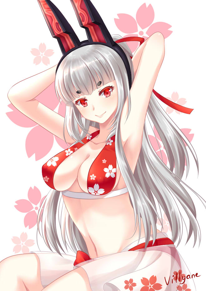 1girl animal_ears armpits arms_up artist_name aura_kingdom bangs bare_arms bare_shoulders bikini black_hairband blunt_bangs breasts cleavage closed_mouth collarbone eyebrows_visible_through_hair fake_animal_ears floral_background floral_print fox_ears hair_ribbon hairband head_tilt kotonoha_(aura_kingdom) large_breasts long_hair navel ponytail print_bikini red_bikini red_ribbon ribbon see-through short_eyebrows signature silver_hair simple_background sitting smile solo swimsuit thick_eyebrows very_long_hair villyane white_background