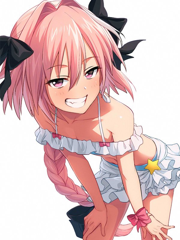 1boy astolfo_(fate) bangs bare_shoulders bent_over bikini black_bow blush bow braid collarbone cowboy_shot crossdressinging eyebrows_visible_through_hair fang fate/apocrypha fate_(series) grin hair_between_eyes hair_bow hair_intakes hands_on_own_thighs long_hair looking_at_viewer multicolored_hair pink_bow pink_eyes pink_hair sayshownen simple_background single_braid smile solo star streaked_hair swimsuit teeth trap two-tone_hair very_long_hair white_background white_hair