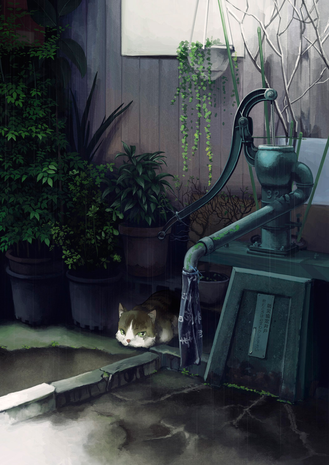 animal bonsai cat cloth concrete day fence green_eyes hand_pump hanging_plant highres kusakabe_(kusakabeworks) looking_at_viewer moss no_humans original outdoors plant potted_plant rain revision scenery tokyo_(city) translation_request wooden_wall