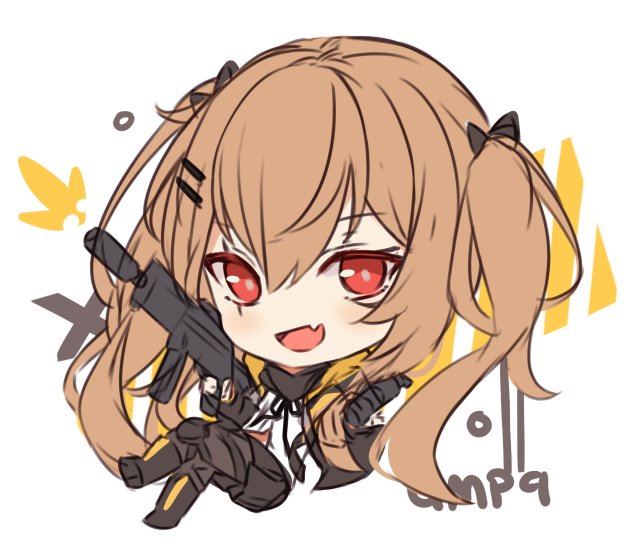 1girl :d bangs big_head black_bow black_footwear black_jacket black_legwear black_ribbon black_skirt blush boots bow brown_hair character_name commentary english_commentary eyebrows_visible_through_hair fang girls_frontline gun h&amp;k_ump9 hair_between_eyes hair_bow hair_ornament hairclip hitsukuya holding holding_gun holding_weapon jacket knee_boots long_hair long_sleeves looking_at_viewer neck_ribbon object_namesake open_mouth pantyhose pleated_skirt red_eyes ribbon scar scar_across_eye shirt sketch skirt smile solo twintails ump9_(girls_frontline) very_long_hair weapon white_background white_shirt