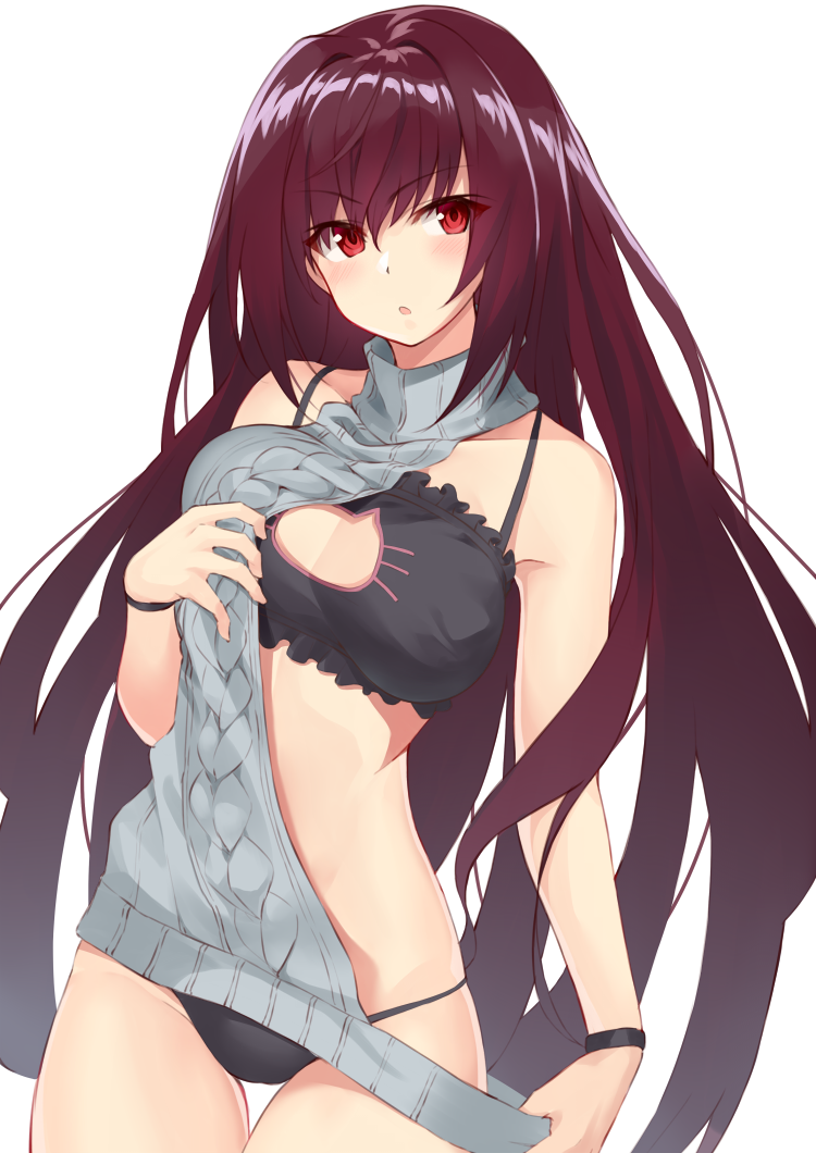 1girl aran_sweater backless_dress backless_outfit bangs black_bra black_panties blush bra breasts cat_cutout cat_lingerie cleavage cleavage_cutout clothes_tug cowboy_shot dress eyebrows_visible_through_hair fate/grand_order fate_(series) groin hair_between_eyes hair_intakes head_tilt hips large_breasts long_hair looking_at_viewer meme_attire open_mouth panties purple_hair red_eyes scathach_(fate)_(all) scathach_(fate/grand_order) shunichi simple_background smile solo stomach sweater sweater_dress sweater_tug thighs turtleneck underwear very_long_hair virgin_killer_sweater waist white_background wristband