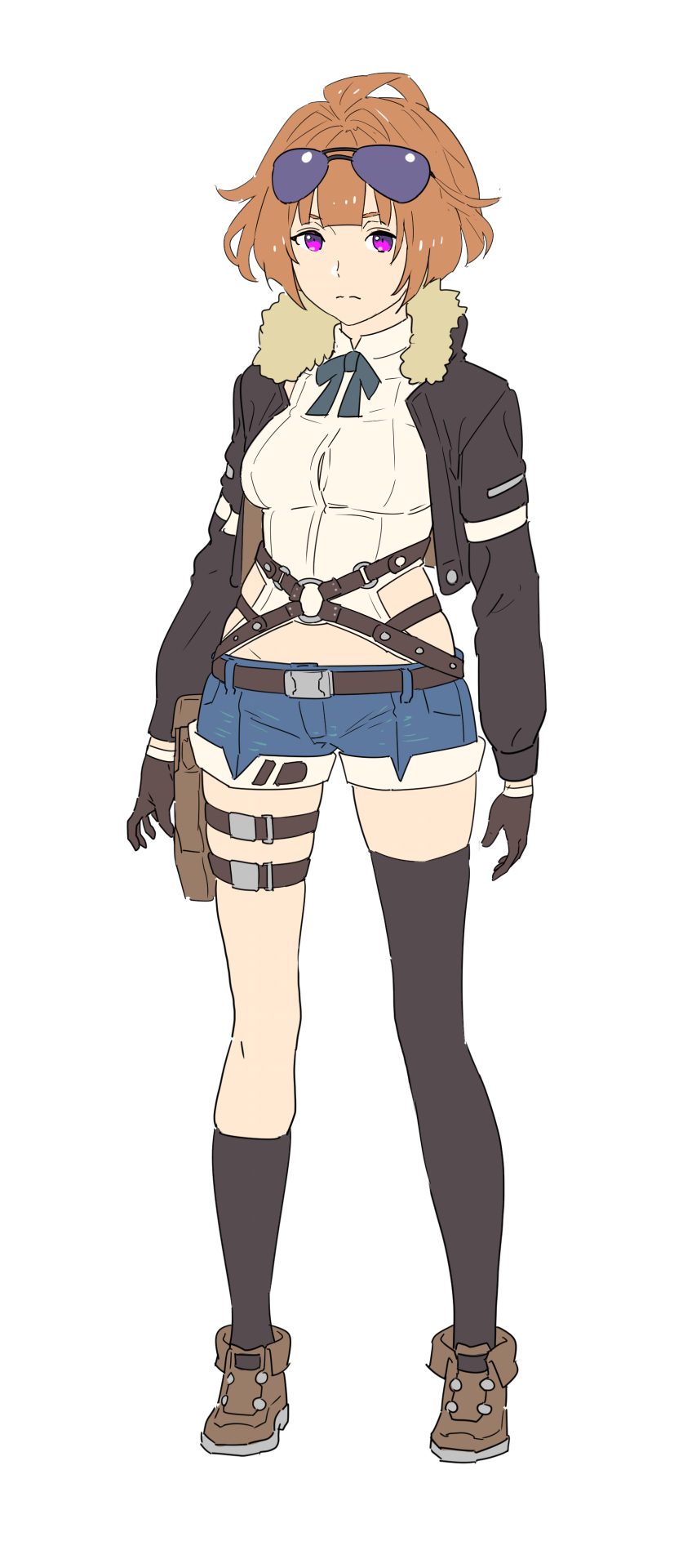 1girl 1koma belt black_jacket blue_neckwear blue_ribbon breasts brown_footwear brown_gloves brown_hair closed_mouth comic cropped_jacket eyewear_on_head full_body fur_trim girls_frontline gloves grizzly_mkv_(girls_frontline) highres holster jacket large_breasts leg_strap long_sleeves looking_at_viewer nagisa_kurousagi neck_ribbon o-ring o-ring_belt open_clothes open_jacket ribbon shoes short_hair simple_background single_thighhigh solo standing sunglasses thigh-highs violet_eyes white_background