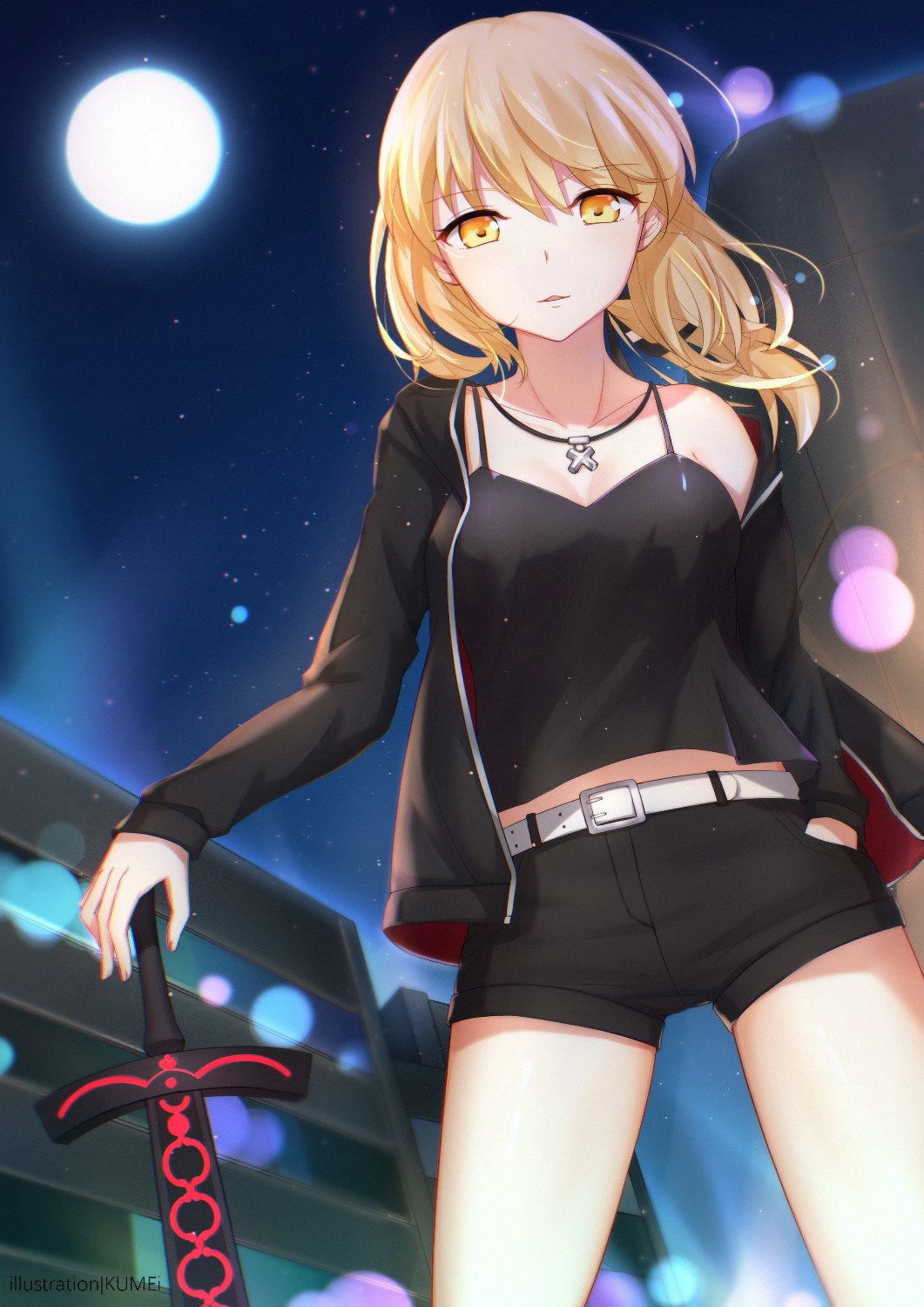 1girl artist_name artoria_pendragon_(all) belt black_jacket black_ribbon black_shirt black_shorts blonde_hair collarbone dark_excalibur eyebrows_visible_through_hair fate/stay_night fate_(series) floating_hair from_below full_moon hair_between_eyes hair_ribbon hand_in_pocket hand_on_hilt highres jacket jewelry kumei lens_flare long_hair looking_at_viewer moon necklace night off_shoulder open_clothes open_jacket outdoors parted_lips ponytail ribbon saber_alter shirt short_shorts shorts sky sleeveless sleeveless_shirt solo standing star_(sky) starry_sky yellow_eyes