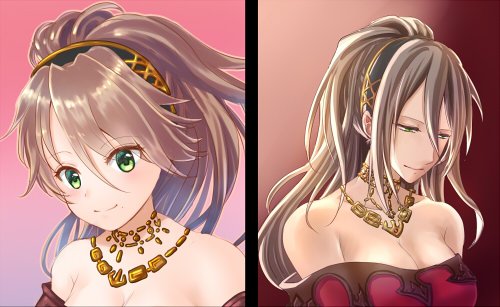 1girl bracelet breasts brown_hair chibi dancer green_eyes jewelry long_hair looking_at_viewer lowres necklace octopath_traveler ponytail primrose_azelhart simple_background smile solo yuzuponza