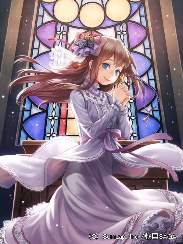 1girl bead_necklace beads blue_eyes breasts brown_hair dress esukee glint hair_ornament hands_together hands_up indoors jewelry long_hair looking_at_viewer necklace official_art pink_ribbon red_ribbon ribbon sengoku_saga small_breasts smile solo stained_glass standing watermark window