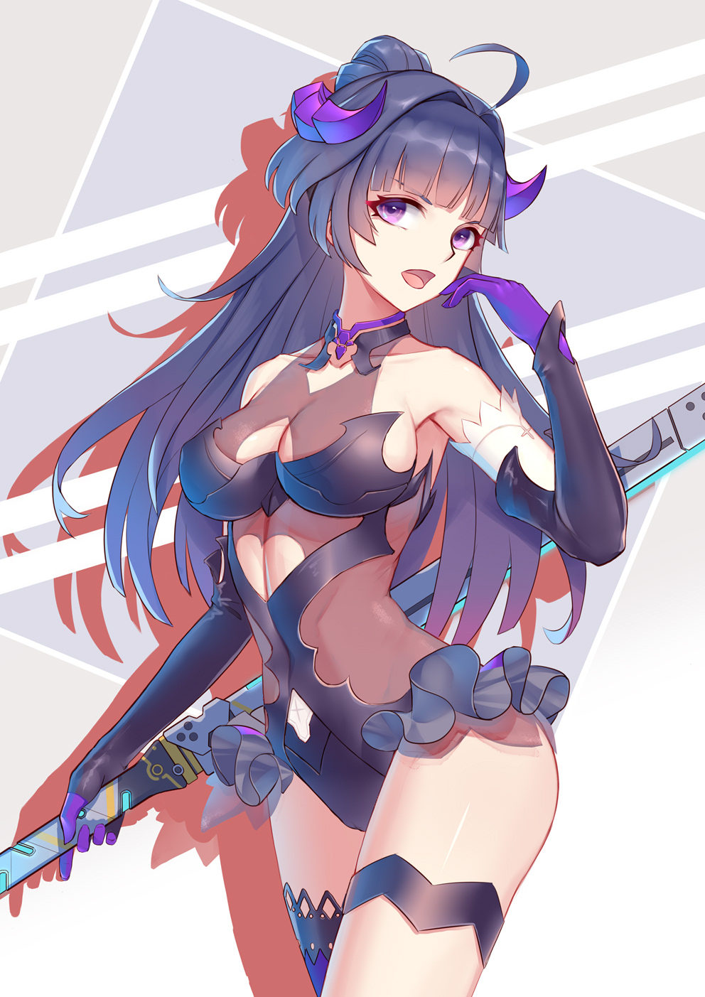 1girl ahoge bangs bare_shoulders benghuai_xueyuan black_gloves black_leotard blunt_bangs breasts collarbone commentary_request elbow_gloves eyebrows_visible_through_hair frilled_leotard frills gloves hand_up head_tilt highres holding holding_sword holding_weapon honkai_impact horns leotard liu_lan long_hair looking_at_viewer medium_breasts open_mouth ponytail purple_gloves purple_hair raiden_mei see-through single_thighhigh solo standing sword thigh-highs thigh_strap two-tone_gloves violet_eyes weapon