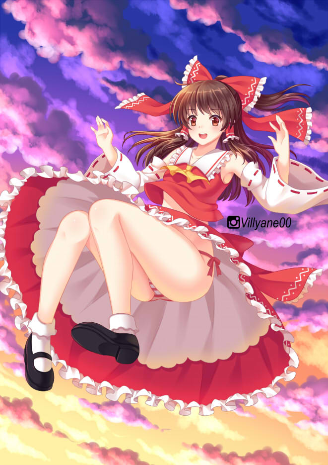 1girl :d armpits bangs bare_shoulders black_footwear blush bobby_socks bow brown_hair clouds cloudy_sky collar collarbone cravat detached_sleeves frills from_below full_body hair_bow hair_tubes hakurei_reimu legs long_hair long_sleeves mary_janes open_mouth orange_eyes outdoors panties pantyshot ponytail red_bow red_panties red_skirt red_vest ribbon-trimmed_sleeves ribbon_trim round_teeth shoes side-tie_panties skirt sky smile socks solo striped striped_panties sunset teeth touhou underwear upper_teeth vest villyane