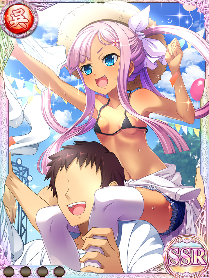 1boy 1girl armpits arms_up bikini_top blue_eyes breasts carrying clothes_around_waist clouds cutoffs dark_skin denim denim_shorts faceless faceless_male fang hair_ornament hairclip hat hikage_eiji koihime_musou long_hair micro_bikini_top navel official_art open_mouth outdoors outstretched_arm pink_hair ribbon shirt shirt_around_waist short_shorts shorts shoulder_carry sky small_breasts smile sonshoukou sun_hat thigh-highs twintails white_legwear white_shirt