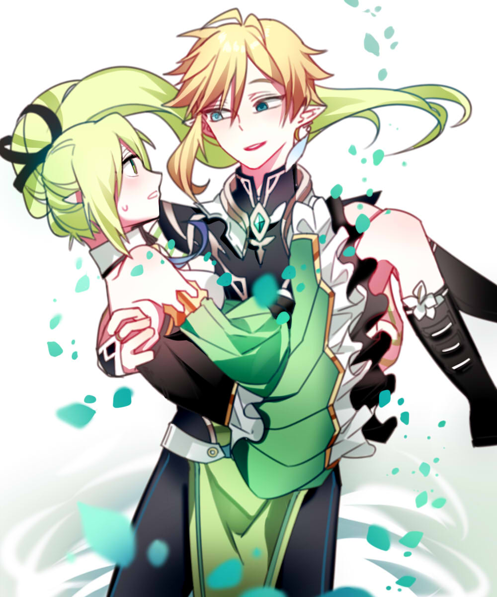 1boy 1girl bare_shoulders carrying chuki_(lydia) detached_sleeves elf elsword green_eyes green_hair highres pointy_ears princess_carry rena_(elsword) side_ponytail smile sweatdrop ventus_(elsword) wind_sneaker_(elsword)