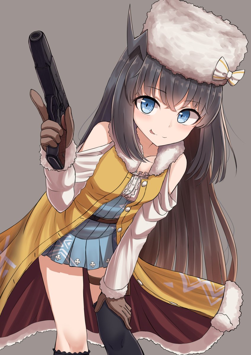 1girl ahoge bangs black_hair black_legwear blue_eyes breasts brown_background brown_gloves coat dress eyebrows_visible_through_hair fur-trimmed_coat fur_hat fur_trim girls_frontline gloves gun hand_on_own_knee handgun hat highres holding kneehighs leaning_forward long_hair off_shoulder open_clothes open_coat pistol pleated_dress rabochicken sidelocks simple_background single_kneehigh single_thighhigh skirt small_breasts solo stechkin_(girls_frontline) stechkin_aps thigh-highs thigh_strap trigger_discipline twintails ushanka weapon