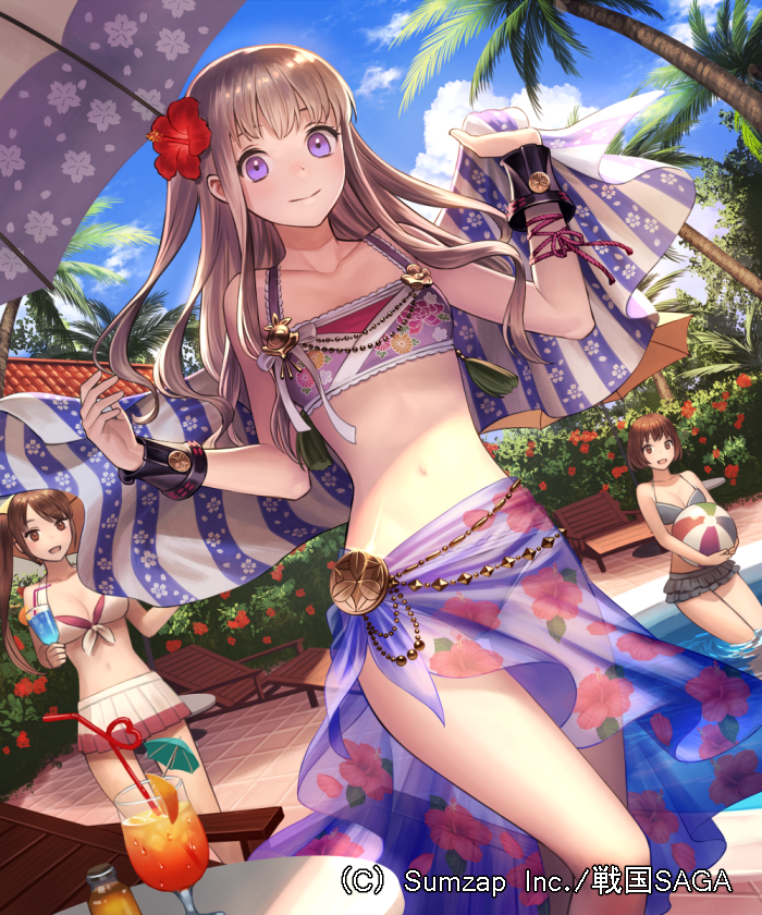 3girls ball bare_shoulders beach_chair beachball bikini_top blue_sky brown_eyes brown_hair cocktail_umbrella collarbone crazy_straw day drink drinking_straw dutch_angle esukee floral_print flower hair_flower hair_ornament hibiscus multiple_girls navel official_art outdoors palm_tree plant pool sengoku_saga short_hair sky soaking_feet standing towel tree umbrella violet_eyes watermark wrist_cuffs