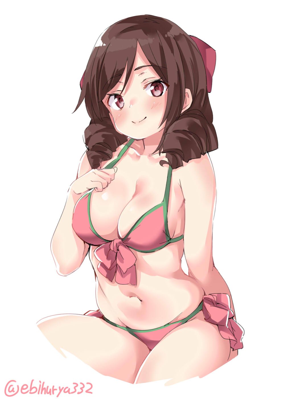 1girl alternate_costume arm_at_side bare_legs bare_shoulders bikini bow breasts brown_hair cleavage collarbone cropped_legs drill_hair ebifurya eyebrows_visible_through_hair front-tie_bikini front-tie_top groin hair_between_eyes hair_bow hand_on_own_chest harukaze_(kantai_collection) highres kantai_collection light_smile long_hair looking_at_viewer medium_breasts navel pink_bikini red_bow red_eyes shiny shiny_skin side-tie_bikini simple_background stomach swimsuit twin_drills twitter_username
