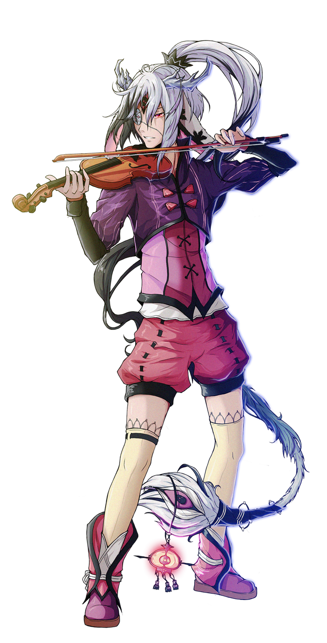 1boy animal_ears displayer full_body hair highres horns illese instrument long_hair shorts tail thigh-highs violin white_background white_hair