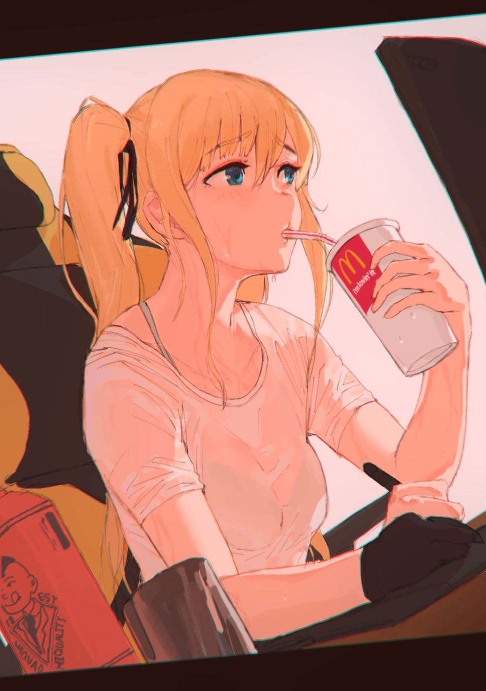 1girl bangs bendy_straw black_gloves black_ribbon blonde_hair blue_eyes blush bra_strap breasts collarbone commentary_request cup disposable_cup drawing_tablet drinking drinking_straw dutch_angle eyebrows_visible_through_hair eyeshadow gloves hair_ribbon highres holding holding_cup hot long_hair makeup mcdonald's mcdonald&amp;#039;s medium_breasts monitor original ribbon see-through seung_mo_kim shirt short_sleeves side_ponytail sidelocks single_glove sitting solo stylus sweat table upper_body wet wet_clothes white_shirt